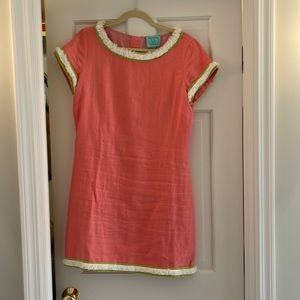 COPY - Sail to sable pink linen dress with green and white fringe trim size 8